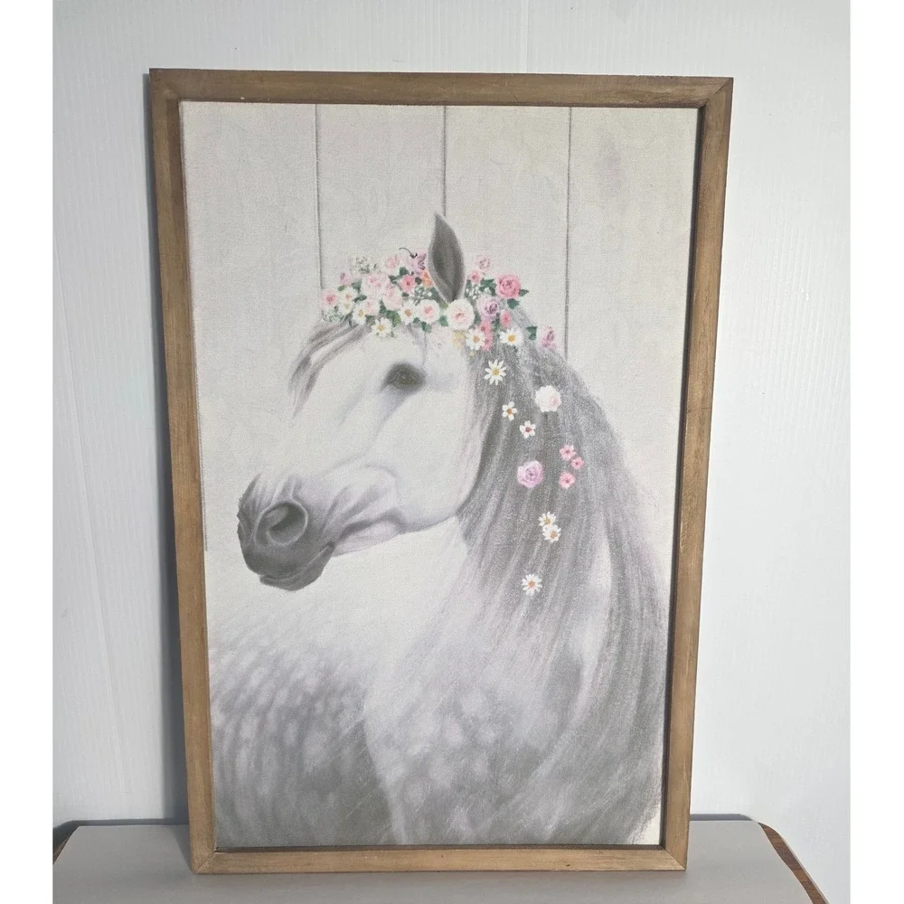 Farmhouse Horse Floral Crown Wall Art Canvas Framed Rustic Decor